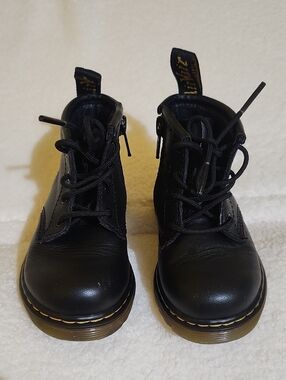 Dr. Martens 1460 Kids Black Lace-Up Ankle Boots with Yellow Stitch. Size 6